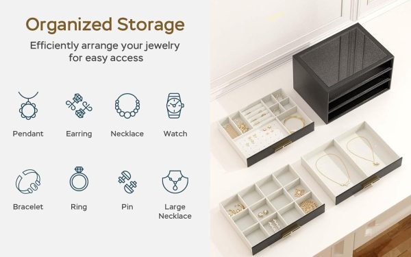 Jewelry Organizer with Glass Lid, 3-Layer Jewelry Box, 3 Drawers, for Big - Image 3
