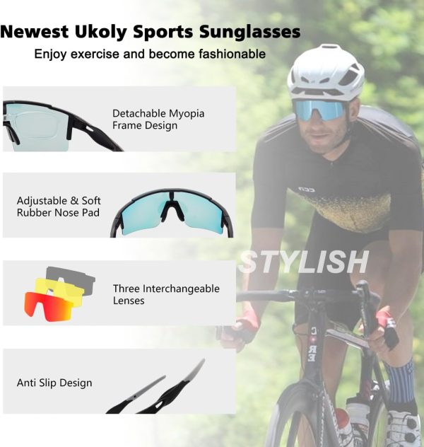 Ukoly Cycling Sunglasses for Men Women with 3 Interchangeable Lenses, - Image 4