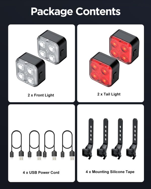 Akale Bike Lights Set, Rechargeable Bicycle Lights Front and Rear, 4 Light - Image 7