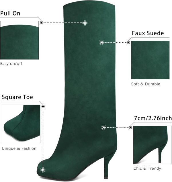 Women's Knee High Suede Boots for Women Wide Calf Square Toe Stiletto Heels - Image 4