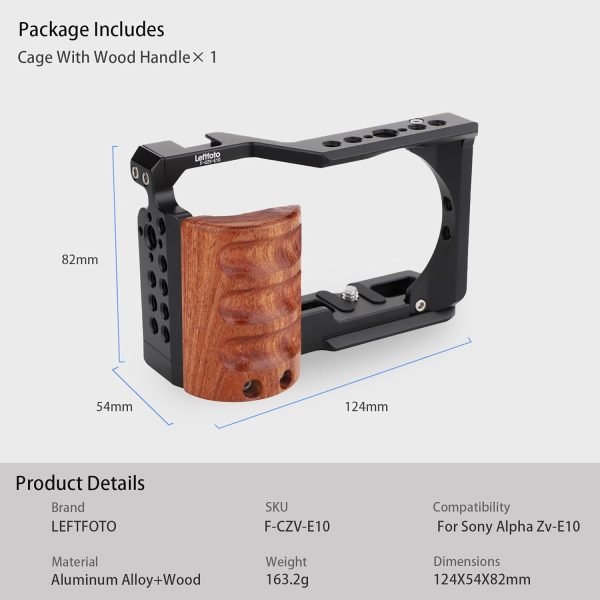Leftfoto Upgrade Metal Cage with Wood Handle for Sony Alpha ZV-E10 Video - Image 8