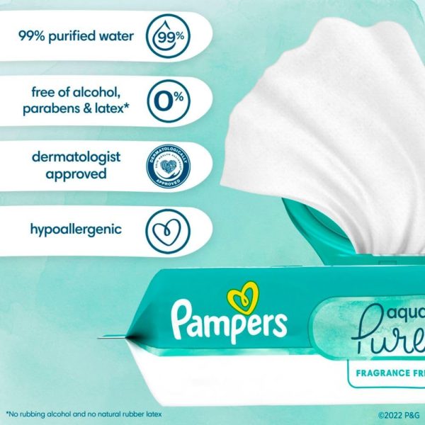 Pampers Aqua Pure Sensitive Baby Wipes, 99% Water, Hypoallergenic, - Image 2