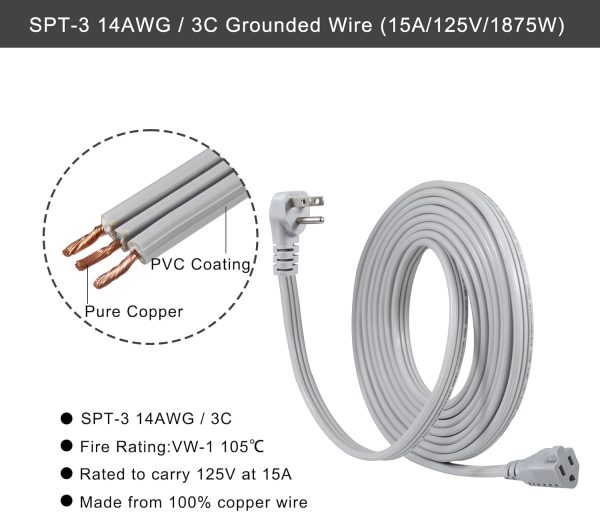 KUNCAN Appliance Power Extension Cord - 3 Prong Flat Wire SPT-3 14 AWG - Image 4