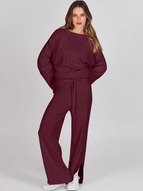 ANRABESS Womens 2 Piece Outfits Oversized Knit Sweater Set Wide Leg Pant - Image 4