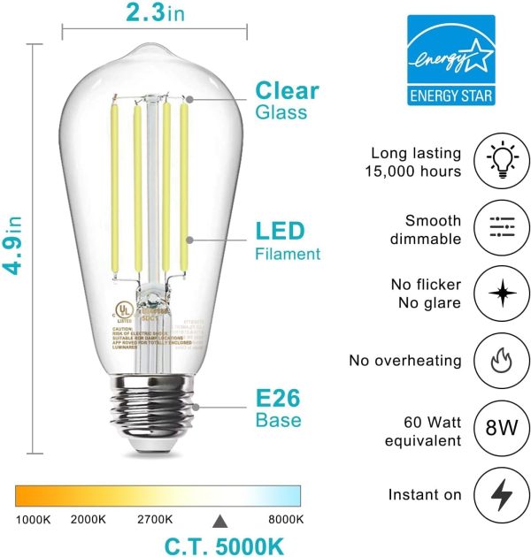 TJOY Edison Light Bulbs 60W Equivalent, Dimmable Vintage LED Light Bulbs, - Image 2