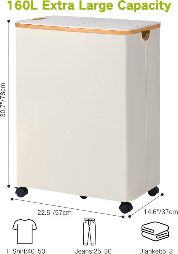 Double Laundry Hamper with Wheels, Divided Laundry Hamper with Removable - Image 3