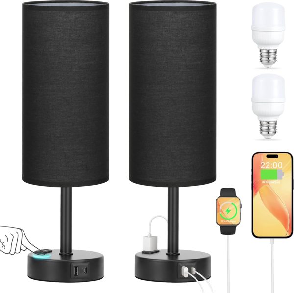 Black Touch Table Lamps Set - 3 Way Dimmable Bedroom Bedside Lamps Set of 2 - Image 7