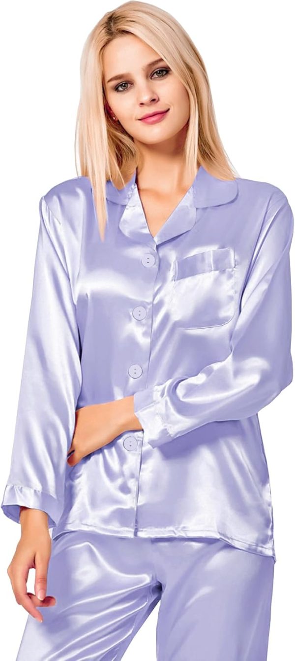 SWOMOG Long Sleeve Pajamas Set Silk Satin Sleepwear Button Down Pjs - Image 2