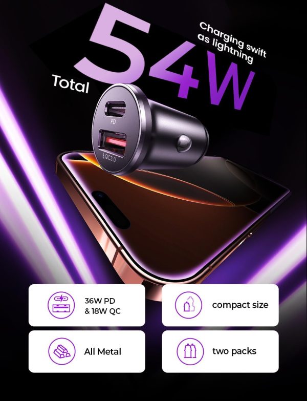 LISEN 54W Car Phone Charger USB C, Cigarette Lighter Adapter, Car - Image 2