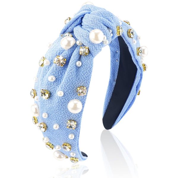 AHONEY Pearl Headband Knotted Light Blue Headband for Women Girls, - Image 2