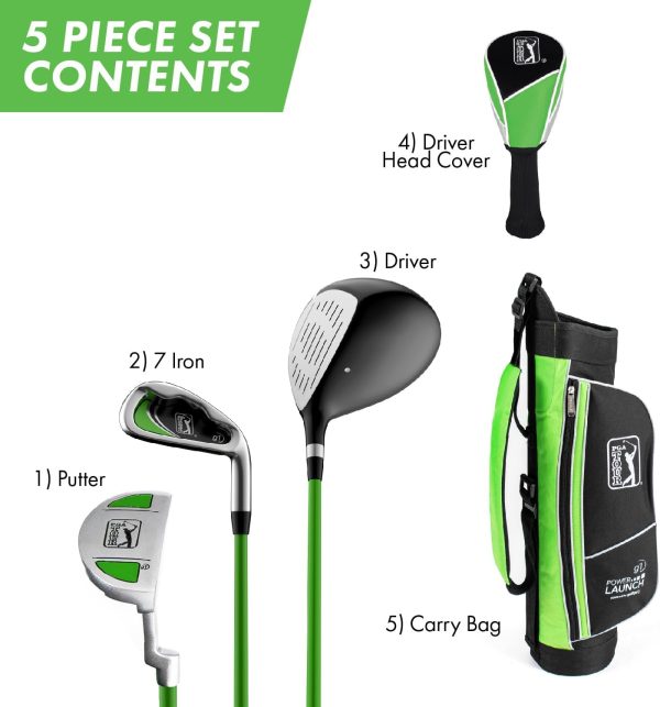 PGA Tour G1 Series Kids Green Golf Club Set with 3 Clubs, Golf Bag & 5 - Image 2