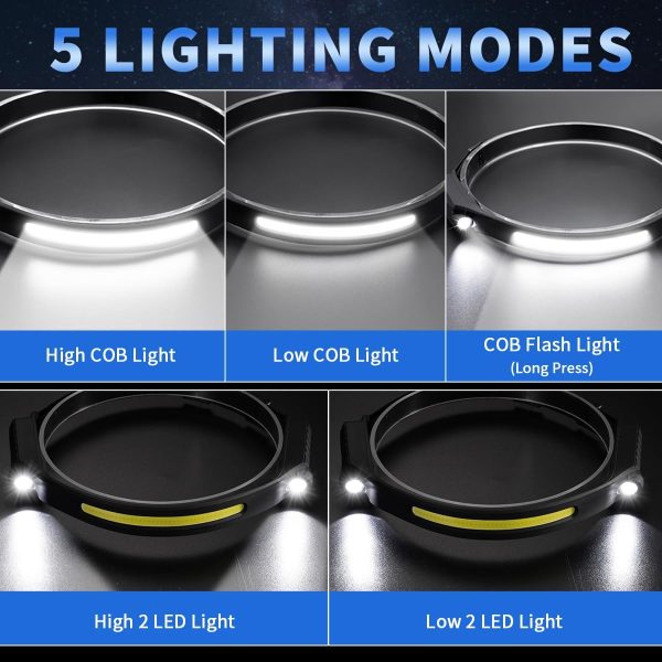 Headlamp Rechargeable 5Pack, 230° Wide Beam Head Lamp with 2 Spotlights, - Image 2