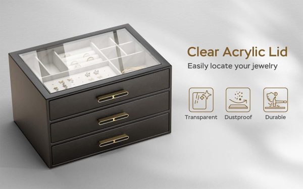 Jewelry Organizer with Glass Lid, 3-Layer Jewelry Box, 3 Drawers, for Big - Image 2