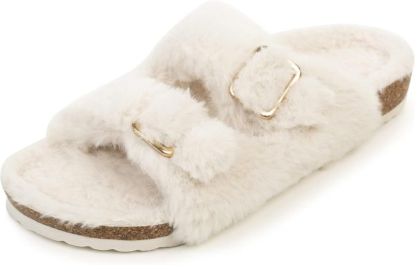 FITORY Womens Open Toe Slipper with Cozy Lining,Faux Rabbit Fur Cork Slide - Image 3