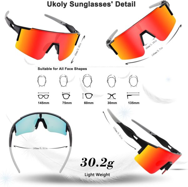 Ukoly Cycling Sunglasses for Men Women with 3 Interchangeable Lenses, - Image 2