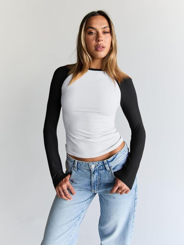 Trendy Queen Women's Long Sleeve Shirts Slim Fit Stretchy Color Block - Image 2
