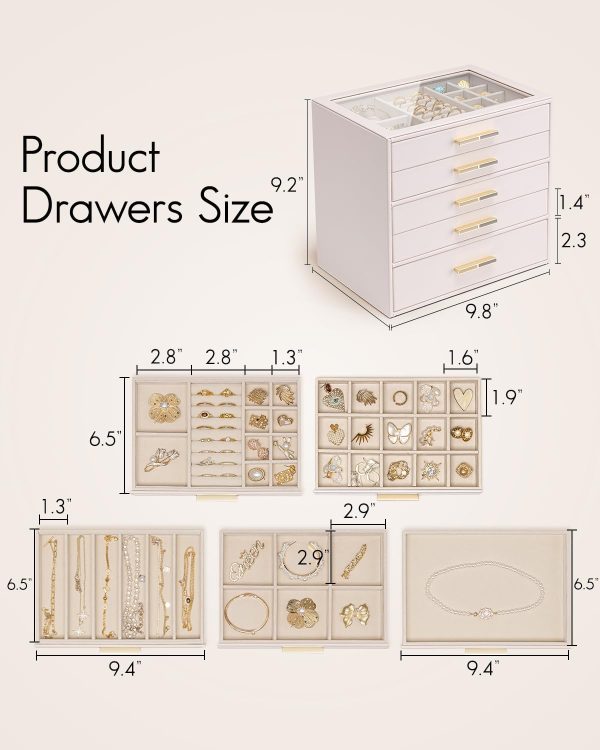 Vlando Jewelry Box for Women Girls,Jewelry Organzier,5 Drawers,Glass Lid - Image 5