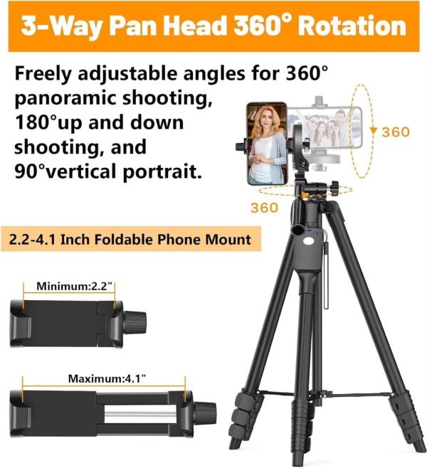 XXZU Tripod,60" Camera Tripod with Travel Bag,Cell Phone Tripod with - Image 4