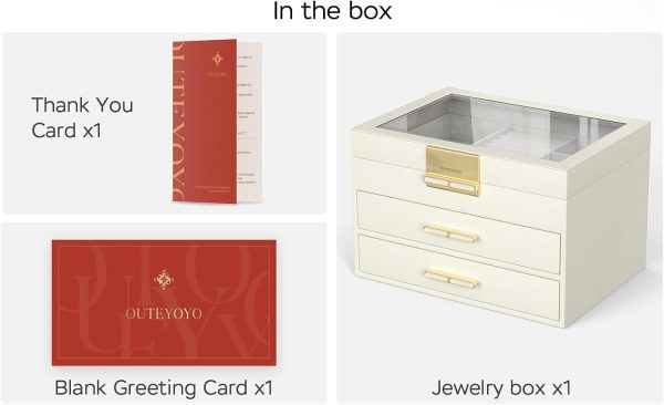 Jewelry Box with Glass Lid, 3-Layer Jewelry Organizer, 2 Drawers, for Big - Image 6