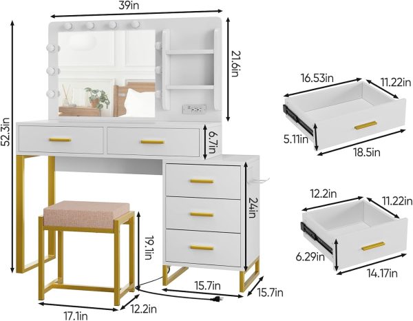 Makeup Vanity Desk with Lights, Vanity Desk with Power Outlet, 3 Lighting - Image 6
