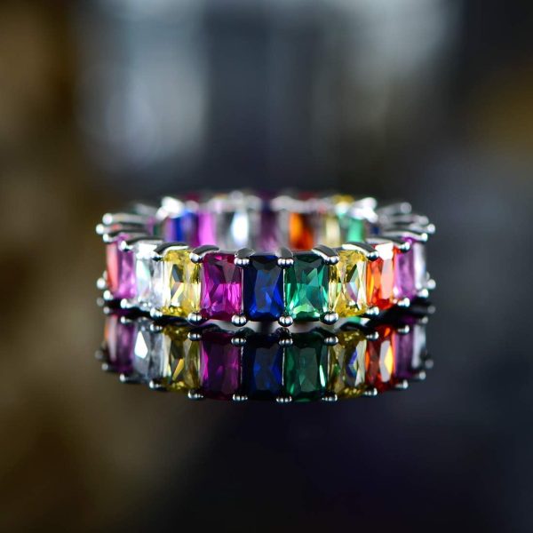 Eternity Rainbow Ring Wedding Band for Women | 18K Gold Plated Emerald-Cut - Image 2
