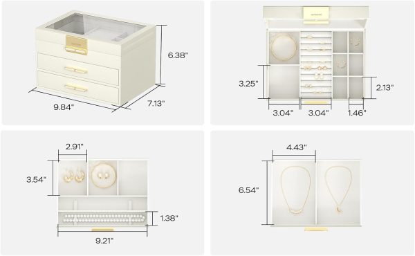 Jewelry Box with Glass Lid, 3-Layer Jewelry Organizer, 2 Drawers, for Big - Image 5