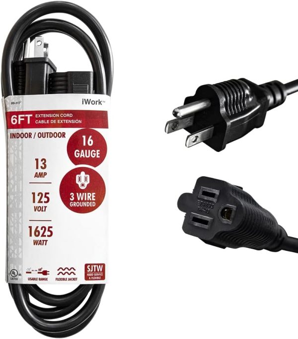 6ft Black Extension Cord, 16/3 SJTW Heavy-Duty, 3-Prong Grounded Plug,