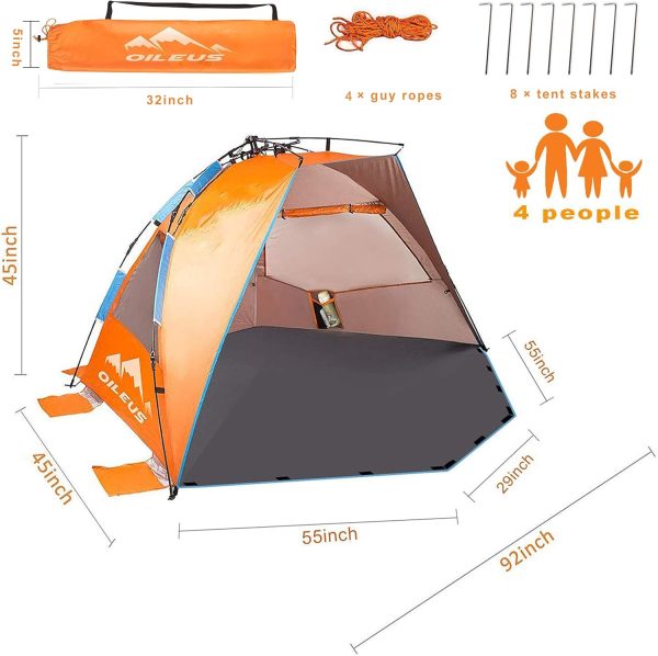 Oileus X-Large 4 Person Beach Tent Sun Shelter - Portable Sun Shade Instant - Image 2