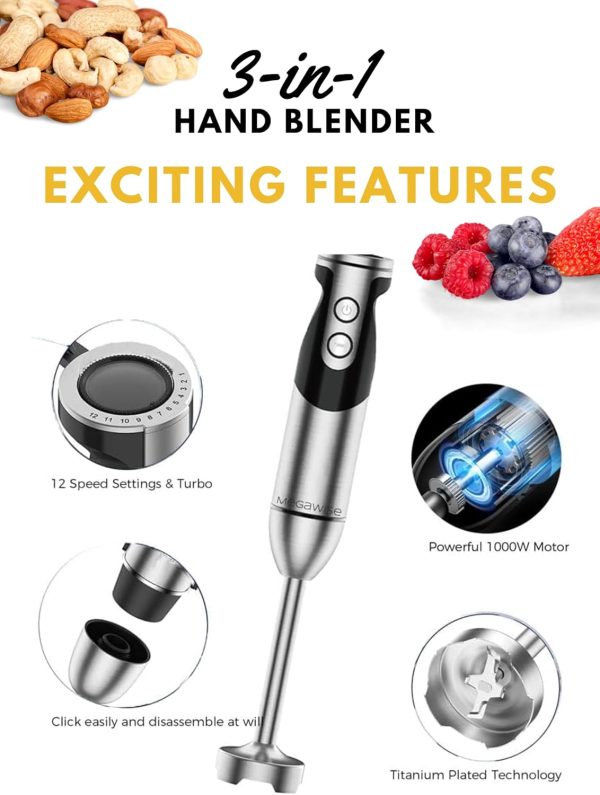 MegaWise Stainless Steel Titanium Reinforced 3-in-1 Immersion Hand Blender, - Image 7
