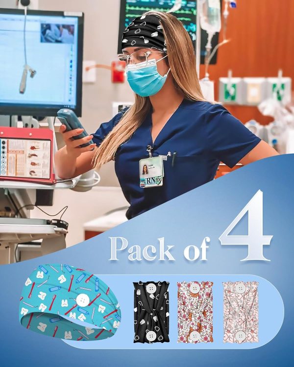 Plifal 4pcs Nurse Headbands for Women with Buttons Non Slip - Cute Dental - Image 6