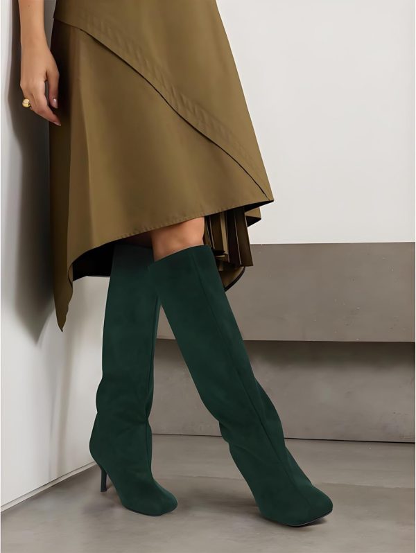 Women's Knee High Suede Boots for Women Wide Calf Square Toe Stiletto Heels - Image 3