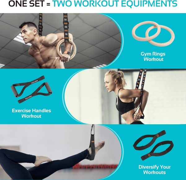 Vulken Wooden Gymnastic Rings with Adjustable Numbered Straps. 1.1'' - Image 4