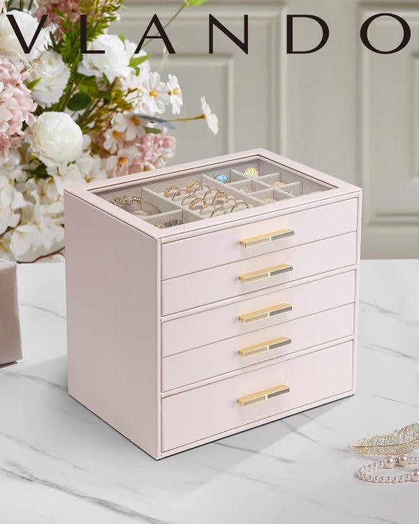 Vlando Jewelry Box for Women Girls,Jewelry Organzier,5 Drawers,Glass Lid - Image 6