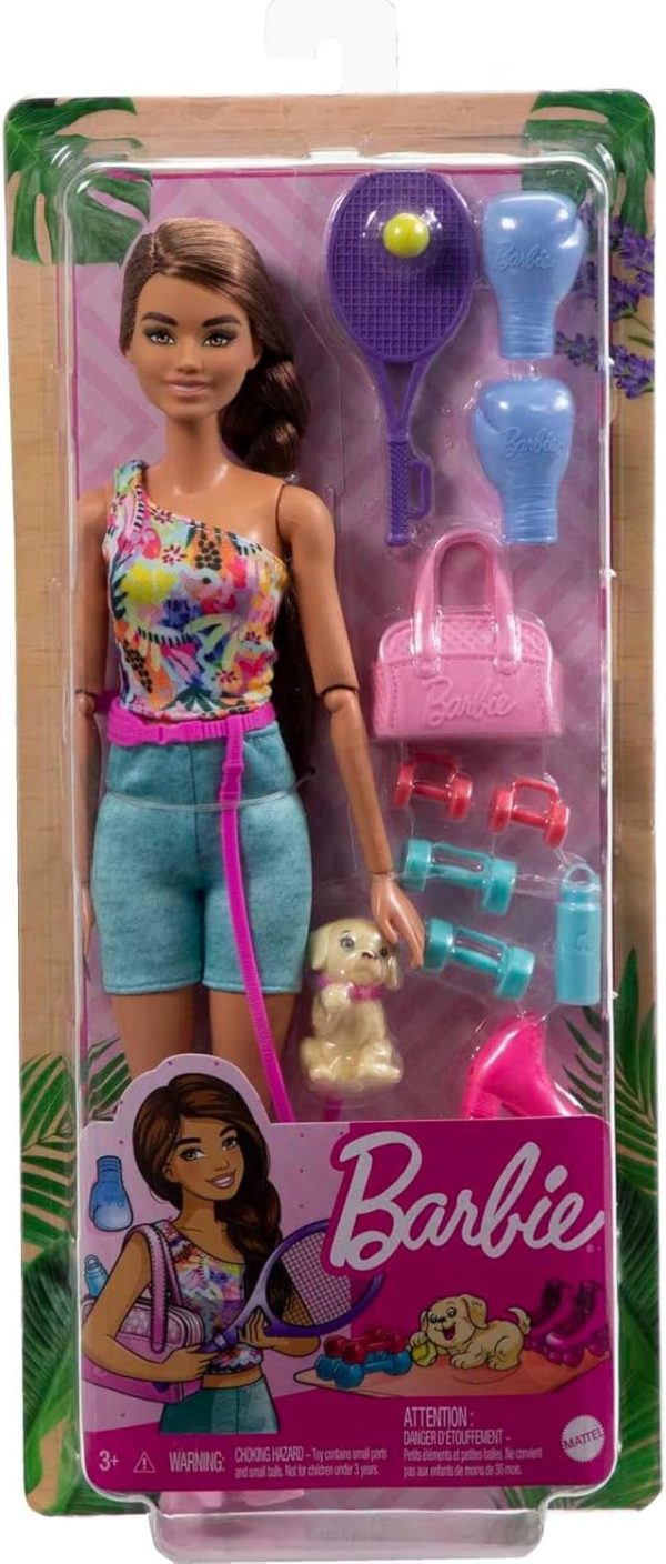 Barbie Self-Care Doll, Brunette Posable Workout Doll with Puppy & - Image 6