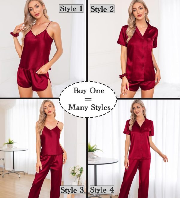 SWOMOG Womens Silk Satin Pajamas Sets 7pcs Sleepwear Sexy Cami Shorts Set - Image 2