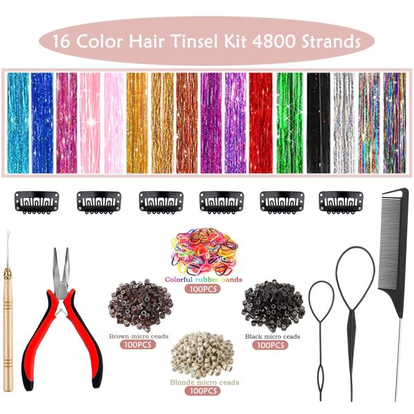 Hair Tinsel Kit (48 Inch, 16 Colors, 5200 Strands), Glitter Tinsel Hair - Image 3