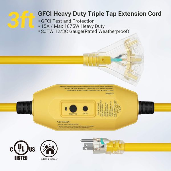 DEWENWILS 3 FT Automatic GFCI Extension Cord Outdoor, 12/3 Gauge Extension - Image 2