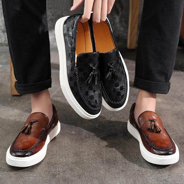 Zeberfi Men's Plaid Pattern Leather Slip On Tassel Loafers Fashion Round - Image 4