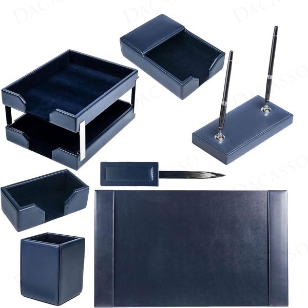 Dacasso Navy Blue Bonded Leather Luxury 9-Piece Desk Set - Blotter Pad & - Image 3