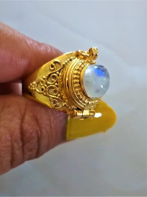 Moonstone Ring, Poison Box Ring, Gold Plated Perfume Box Ring, June - Image 3