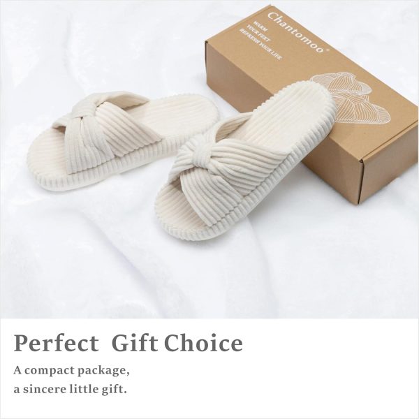 Chantomoo Slippers for Women Memory Foam House Bedroom Corduroy Bow - Image 4