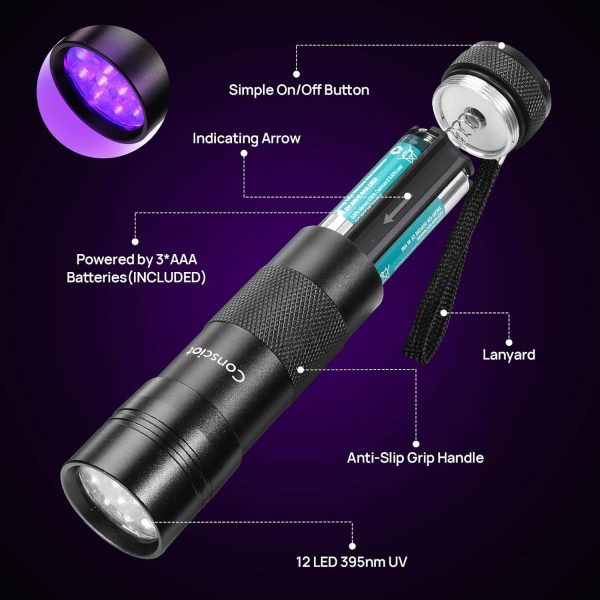 UV Flashlight Black Light, Consciot 12 LED 395nm Ultraviolet Blacklight, - Image 2