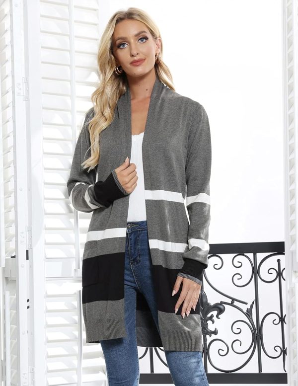GRACE KARIN Women Color Block Striped Cardigan Sweaters Long Sleeve Open - Image 2