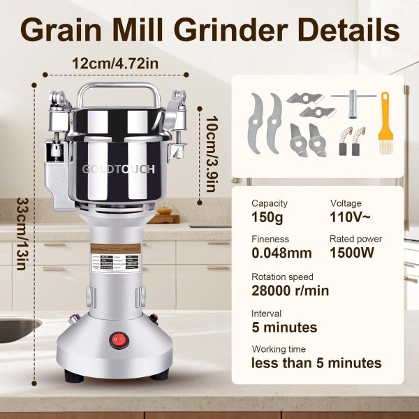 Goldtouch 150g High Speed Electric Grain Mill Grinder, 1500W 110V Stainless - Image 5