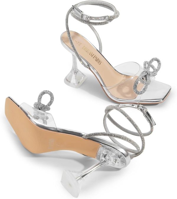 DREAM PAIRS Stiletto Bow Heels for Women Strappy Sparkly Rhinestone Square - Image 3