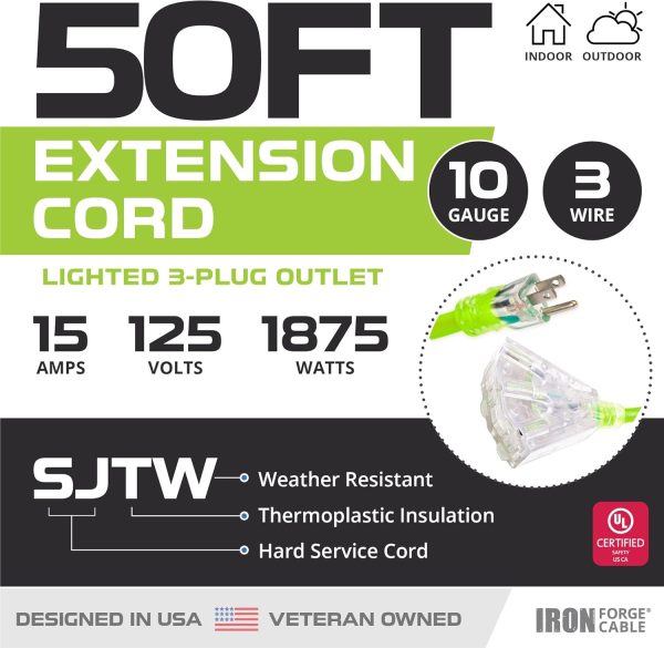 Iron Forge Cable 3 Outlet 10 Gauge Extension Cord 50 ft, 10/3 Heavy Duty - Image 2