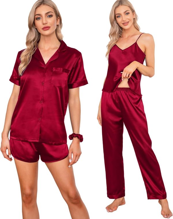 SWOMOG Womens Silk Satin Pajamas Sets 7pcs Sleepwear Sexy Cami Shorts Set - Image 4