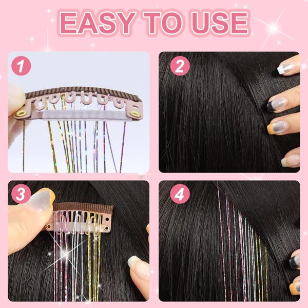 Hair Tinsel Kit Pack of 18 Pcs Hair Tinsel Clip in 19.6Inch Glitter Tinsel - Image 3