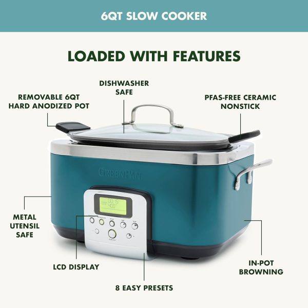 GreenPan Elite 8-in-1 Programmable 6QT Electric Slow Cooker, Dishwasher - Image 4