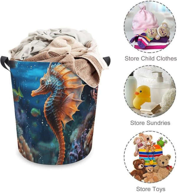 Laundry Basket Hamper Ocean Seahorse Waterproof Dirty Clothes Hamper - Image 3